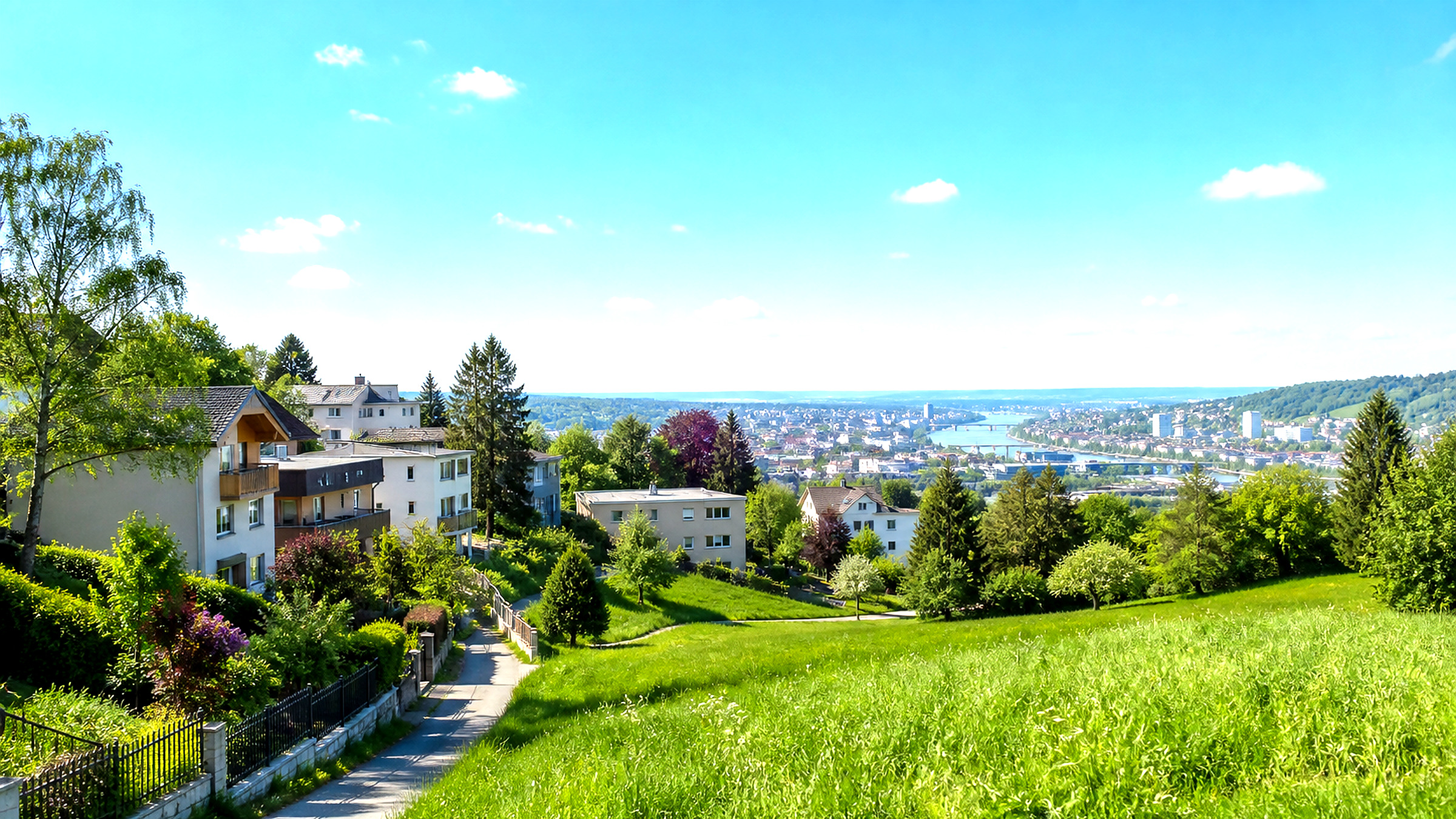 Symbolbild von Wohnhäusern und Gärten am Hang mit Blick auf eine Stadt